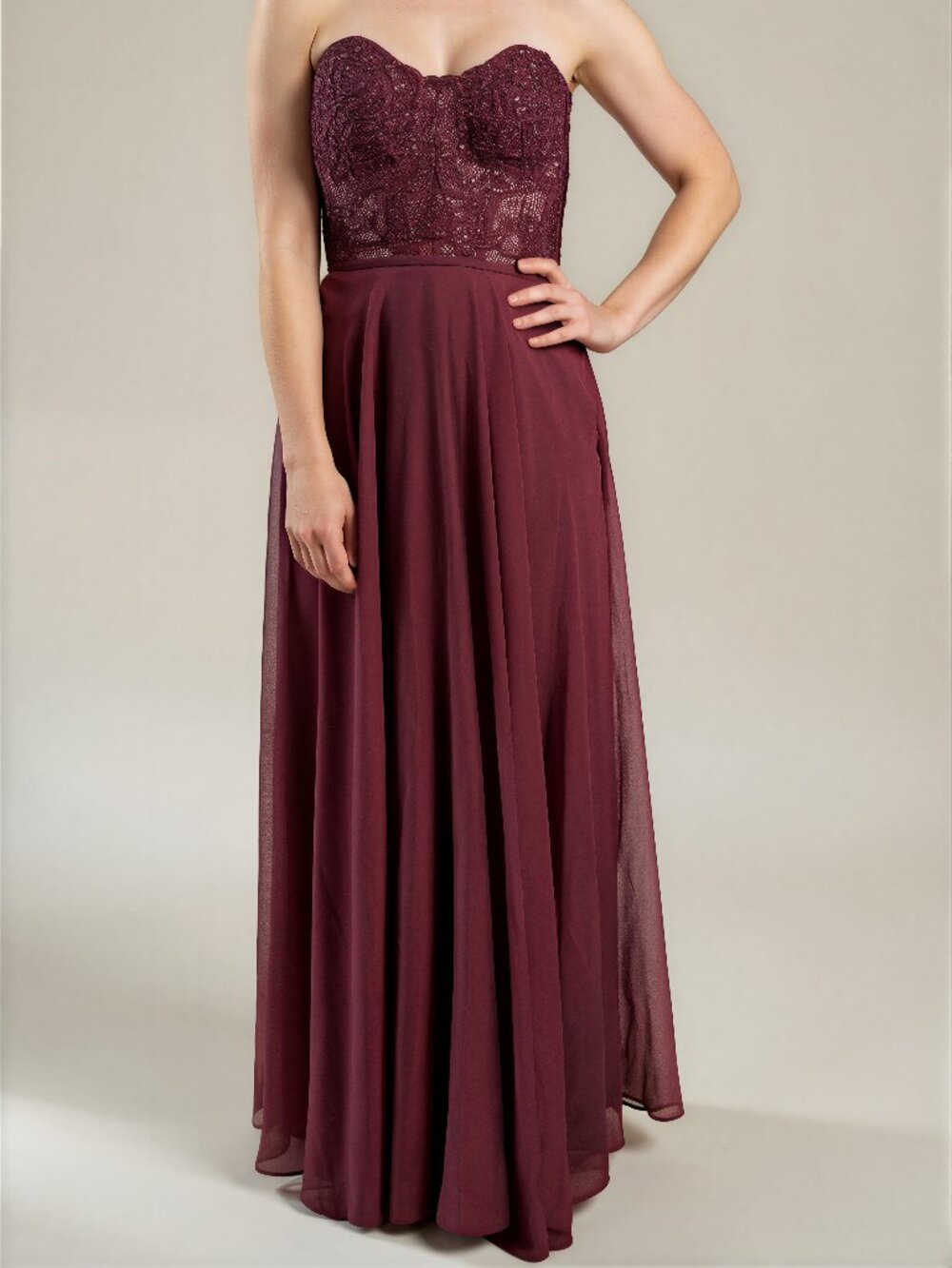 La Femme Wine Beaded Strapless Gown